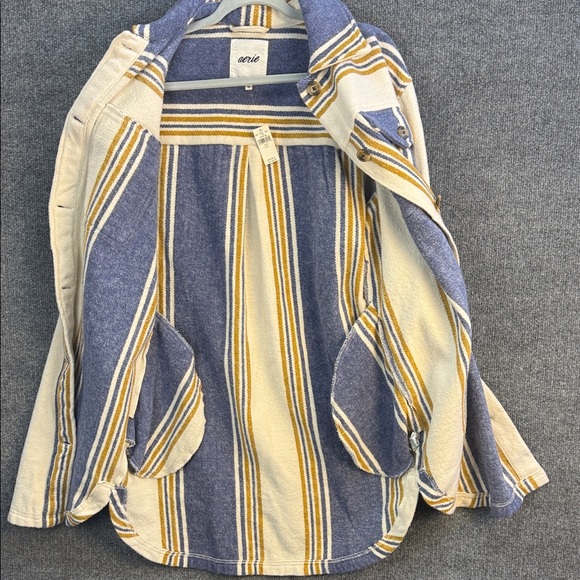 Aerie Oversized Heavy Flannel Striped Shirt Jacket Cream Blue Mustard Small - Picture 12 of 16